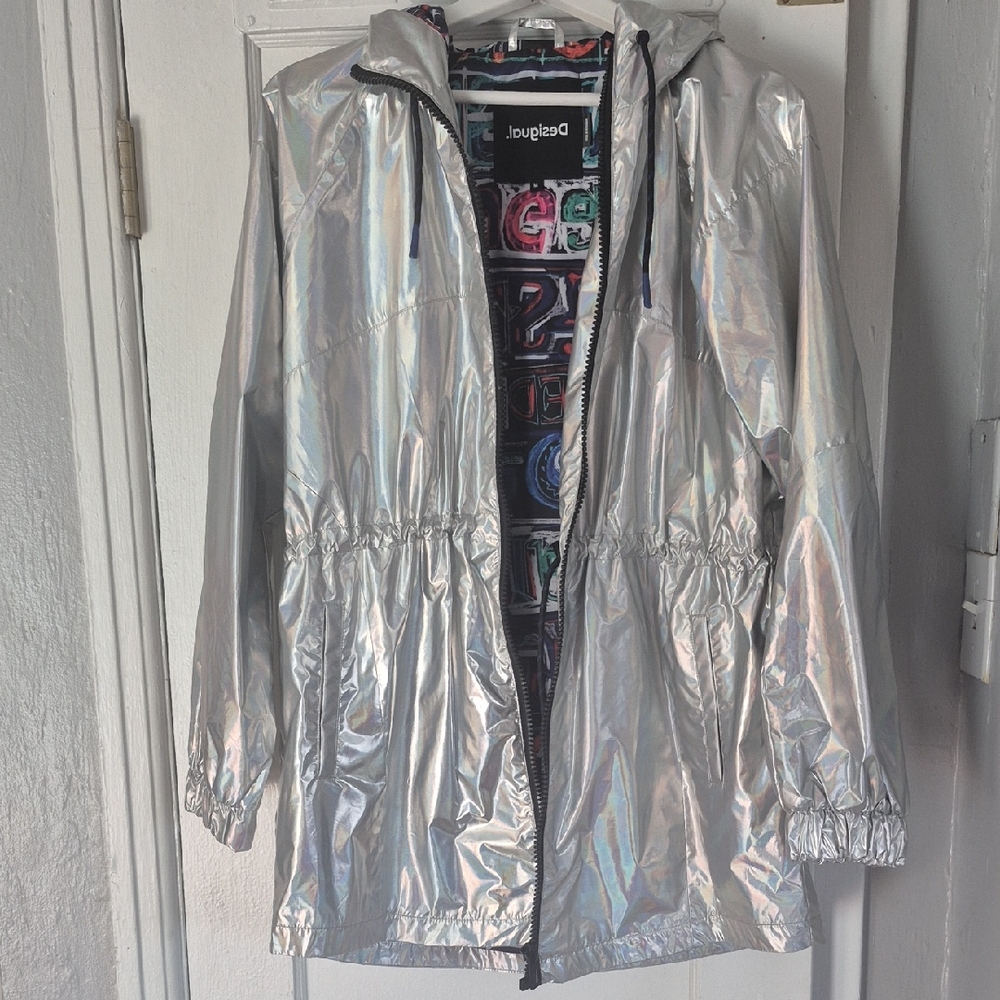 Desigual Iridescent Silver Hooded Windbreaker Midlength Trench Coat